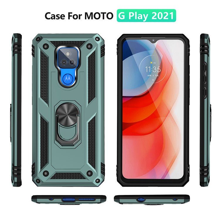 Anti-Fall Hybrid PC + TPU + Metal Phone Case Cover with Finger Ring Kickstand for Motorola Moto G Play (2021) - Blackish Green