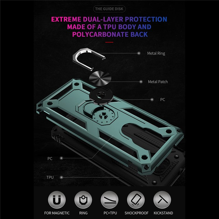 Anti-Fall Hybrid PC + TPU + Metal Phone Case Cover with Finger Ring Kickstand for Motorola Moto G Play (2021) - Blackish Green