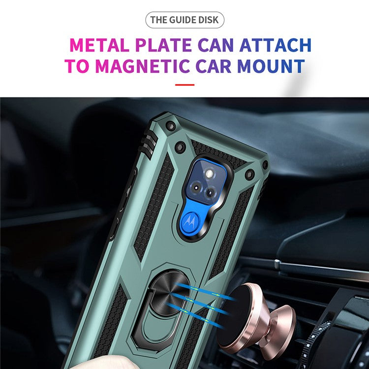 Anti-Fall Hybrid PC + TPU + Metal Phone Case Cover with Finger Ring Kickstand for Motorola Moto G Play (2021) - Blackish Green