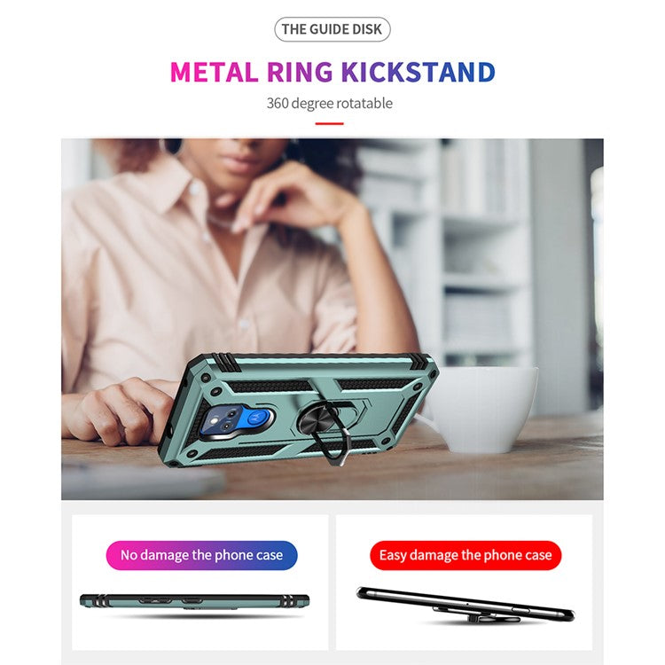 Anti-Fall Hybrid PC + TPU + Metal Phone Case Cover with Finger Ring Kickstand for Motorola Moto G Play (2021) - Blackish Green