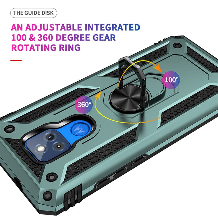 Anti-Fall Hybrid PC + TPU + Metal Phone Case Cover with Finger Ring Kickstand for Motorola Moto G Play (2021) - Blackish Green