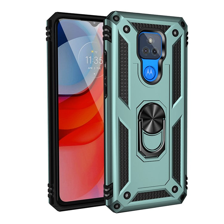 Anti-Fall Hybrid PC + TPU + Metal Phone Case Cover with Finger Ring Kickstand for Motorola Moto G Play (2021) - Blackish Green