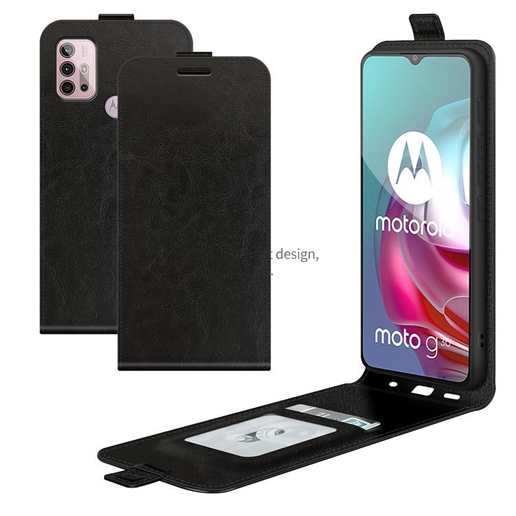 Crazy Horse Leather Protector Case Vertical Flip Phone Cover with Card Slot for Motorola Moto G30/G20 / G10 - Black