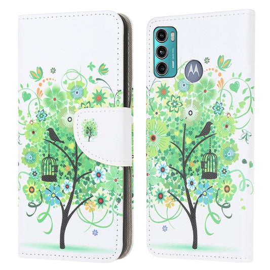 Cross Texture Pattern Printing Leather Wallet Stand Phone Case Shell for Motorola Moto G60/G40 Fusion - Green Tree