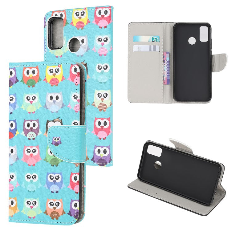 Cross Texture Pattern Printing Leather Wallet Stand Phone Case Shell for Motorola Moto G60/G40 Fusion - Cartoon Owls