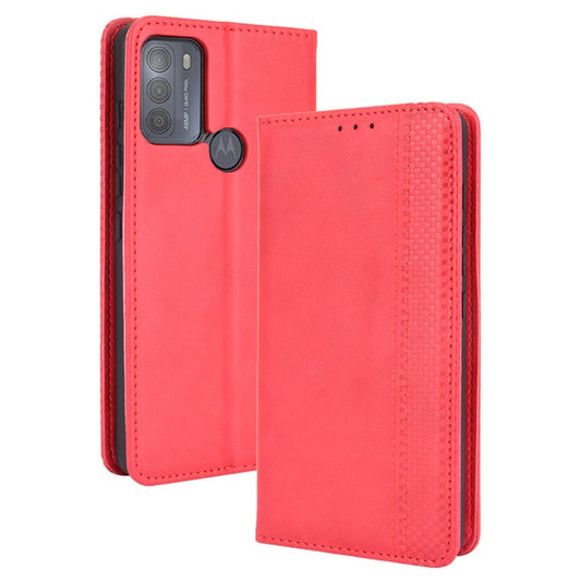 Vintage Style Phone Case Wallet Stand Magnetic Closure Leather Cover for Motorola Moto G50 - Red