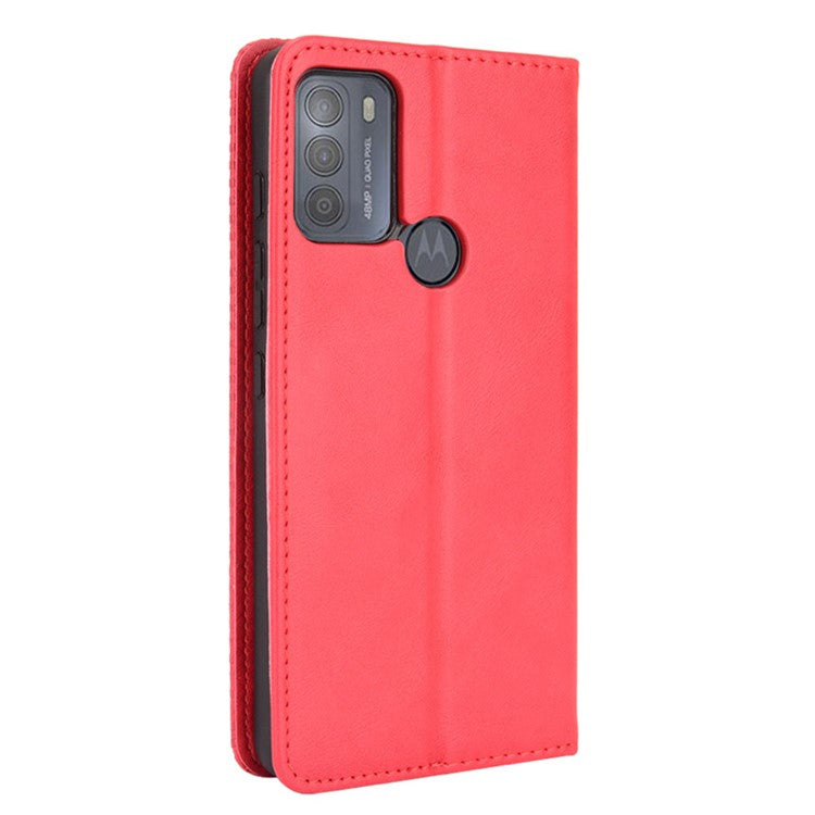 Vintage Style Phone Case Wallet Stand Magnetic Closure Leather Cover for Motorola Moto G50 - Red