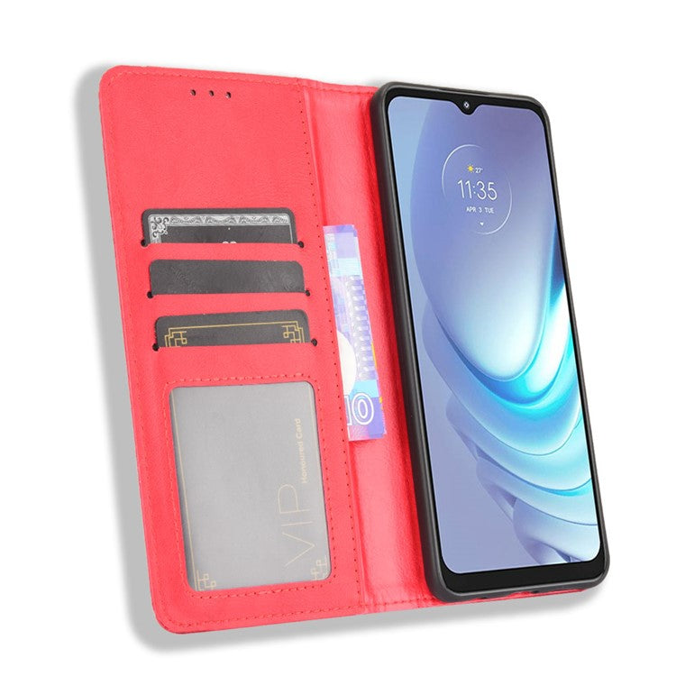 Vintage Style Phone Case Wallet Stand Magnetic Closure Leather Cover for Motorola Moto G50 - Red