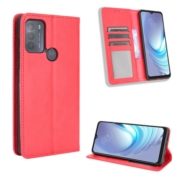 Vintage Style Phone Case Wallet Stand Magnetic Closure Leather Cover for Motorola Moto G50 - Red