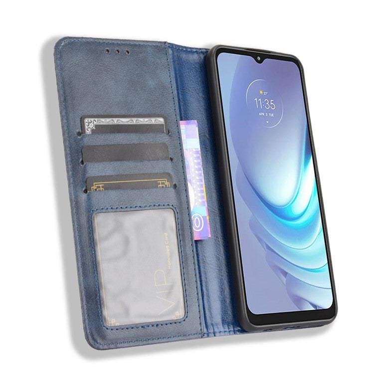Vintage Style Phone Case Wallet Stand Magnetic Closure Leather Cover for Motorola Moto G50 - Blue