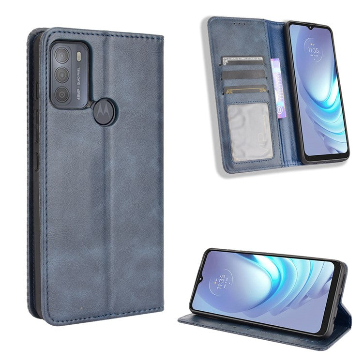 Vintage Style Phone Case Wallet Stand Magnetic Closure Leather Cover for Motorola Moto G50 - Blue