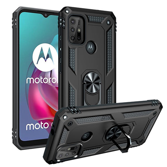 Anti-drop PC + TPU Combo Hybrid Phone Shell with Ring Kickstand for Motorola Moto G10/G30/G20 - Black