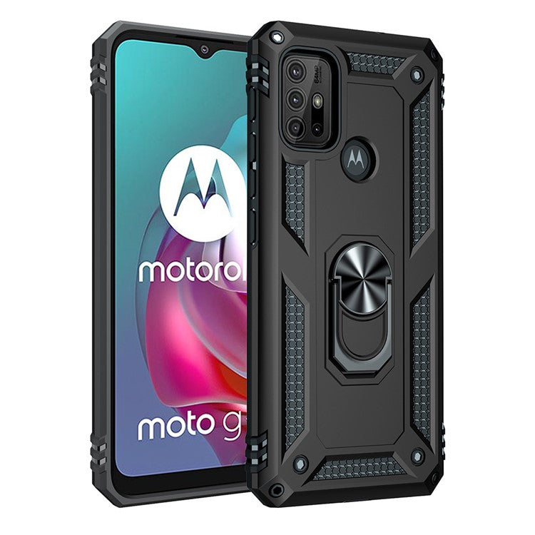 Anti-drop PC + TPU Combo Hybrid Phone Shell with Ring Kickstand for Motorola Moto G10/G30/G20 - Black