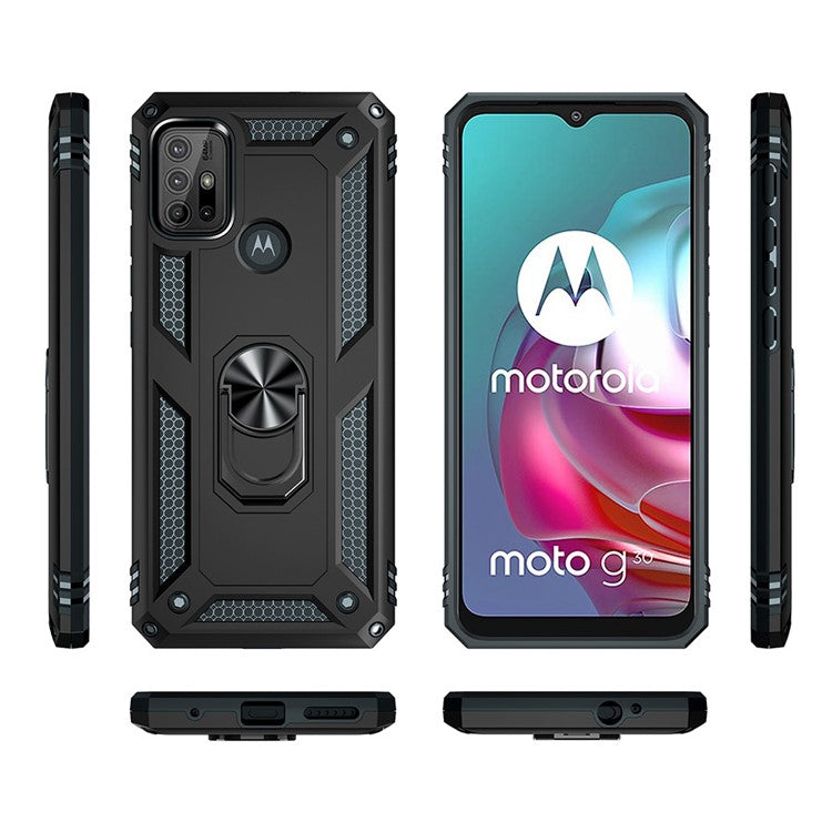 Anti-drop PC + TPU Combo Hybrid Phone Shell with Ring Kickstand for Motorola Moto G10/G30/G20 - Black