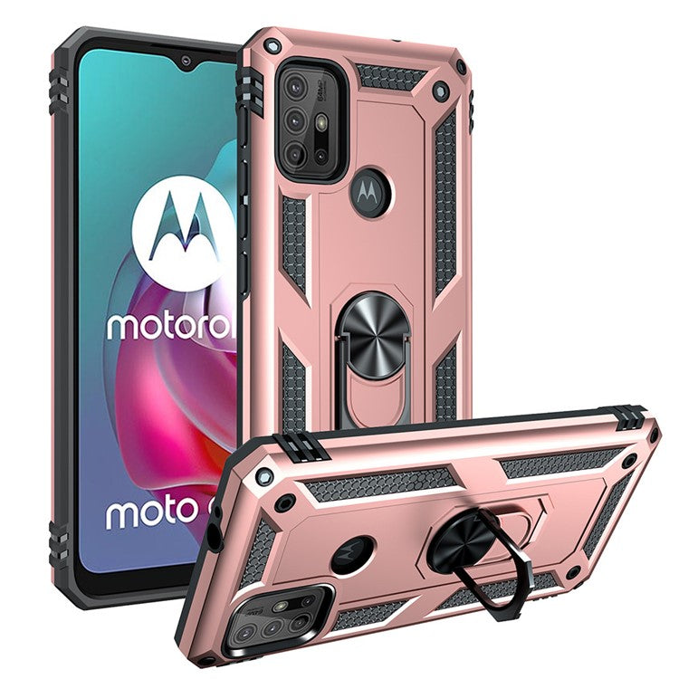 Anti-drop PC + TPU Combo Hybrid Phone Shell with Ring Kickstand for Motorola Moto G10/G30/G20 - Rose Gold