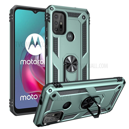 Anti-drop PC + TPU Combo Hybrid Phone Shell with Ring Kickstand for Motorola Moto G10 / G30 / G20 - Dark Green