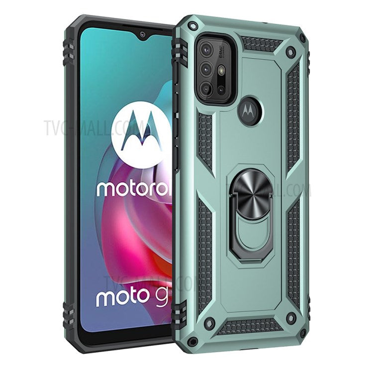 Anti-drop PC + TPU Combo Hybrid Phone Shell with Ring Kickstand for Motorola Moto G10 / G30 / G20 - Dark Green