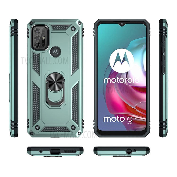 Anti-drop PC + TPU Combo Hybrid Phone Shell with Ring Kickstand for Motorola Moto G10 / G30 / G20 - Dark Green