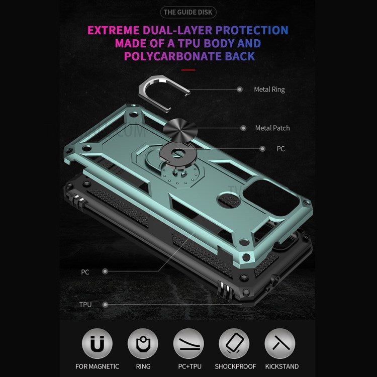 Anti-drop PC + TPU Combo Hybrid Phone Shell with Ring Kickstand for Motorola Moto G10 / G30 / G20 - Dark Green