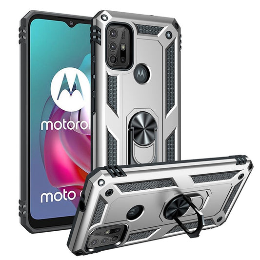 Anti-drop PC + TPU Combo Hybrid Phone Shell with Ring Kickstand for Motorola Moto G10/G30/G20 - Silver