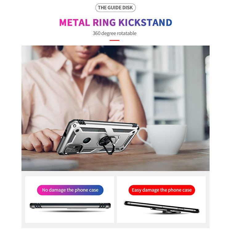 Anti-drop PC + TPU Combo Hybrid Phone Shell with Ring Kickstand for Motorola Moto G10/G30/G20 - Silver