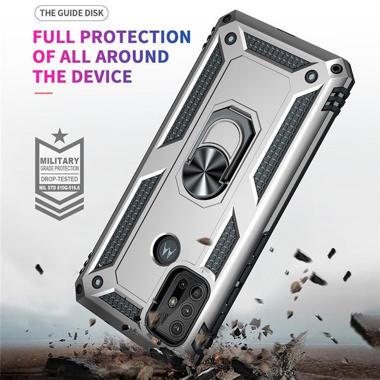Anti-drop PC + TPU Combo Hybrid Phone Shell with Ring Kickstand for Motorola Moto G10/G30/G20 - Silver