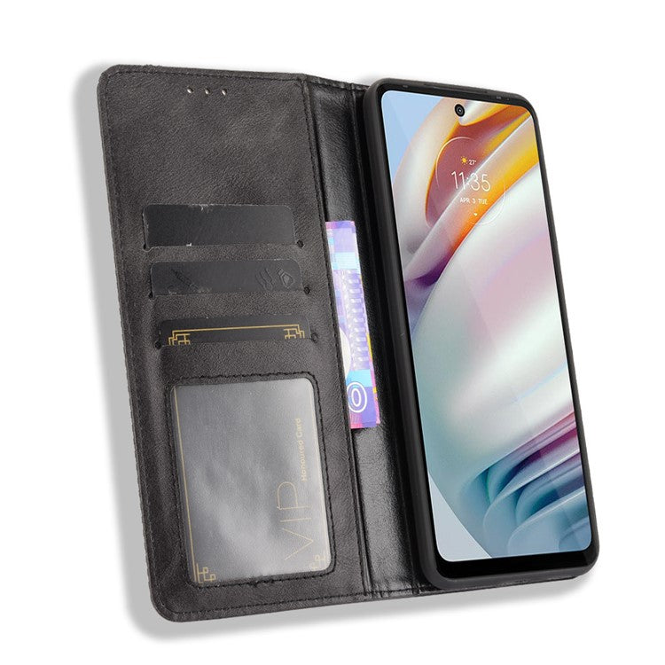 Vintage Style Stand Wallet Leather Cover Phone Case for Motorola Moto G40 Fusion/G60 - Black