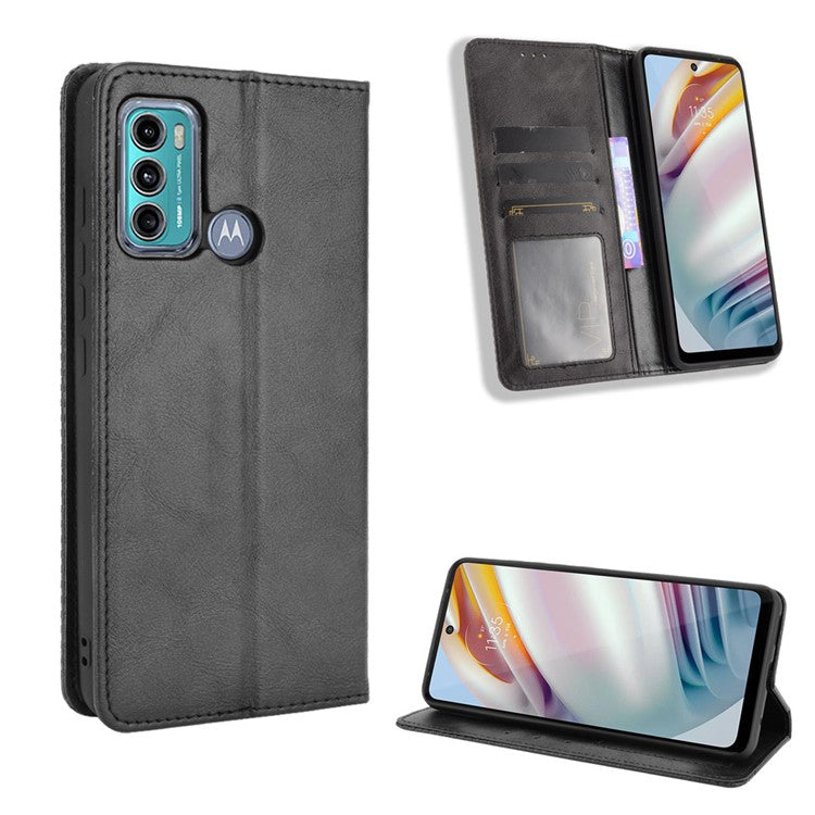 Vintage Style Stand Wallet Leather Cover Phone Case for Motorola Moto G40 Fusion/G60 - Black