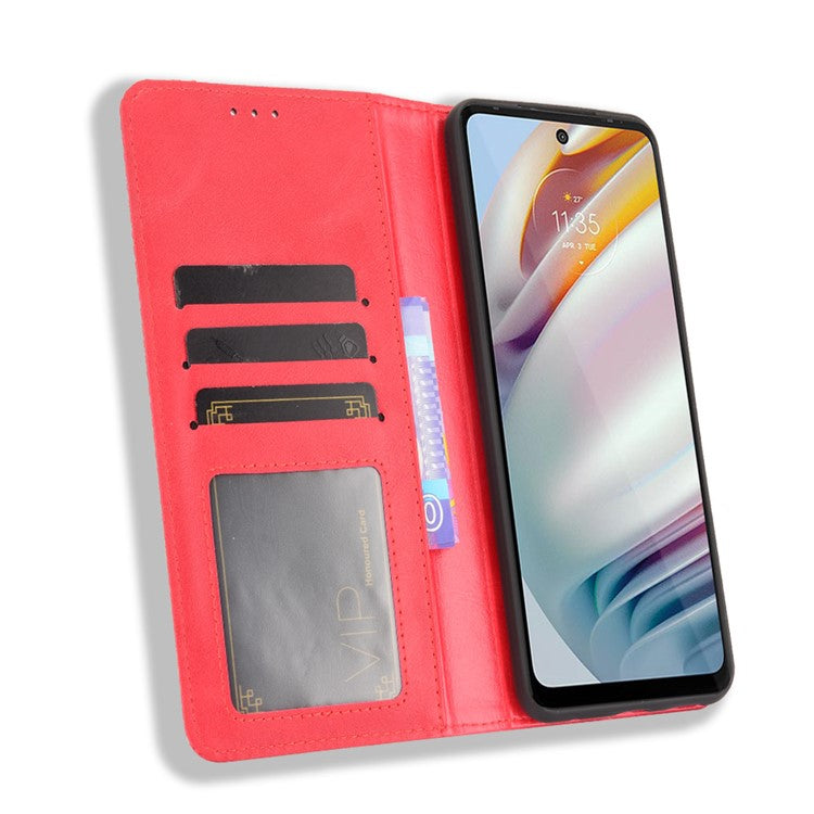 Vintage Style Stand Wallet Leather Cover Phone Case for Motorola Moto G40 Fusion/G60 - Red