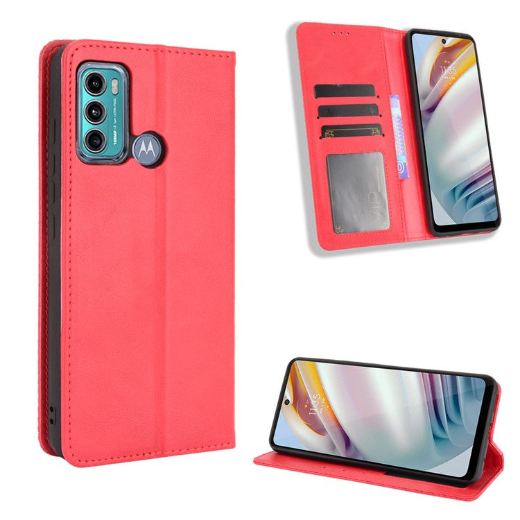 Vintage Style Stand Wallet Leather Cover Phone Case for Motorola Moto G40 Fusion/G60 - Red