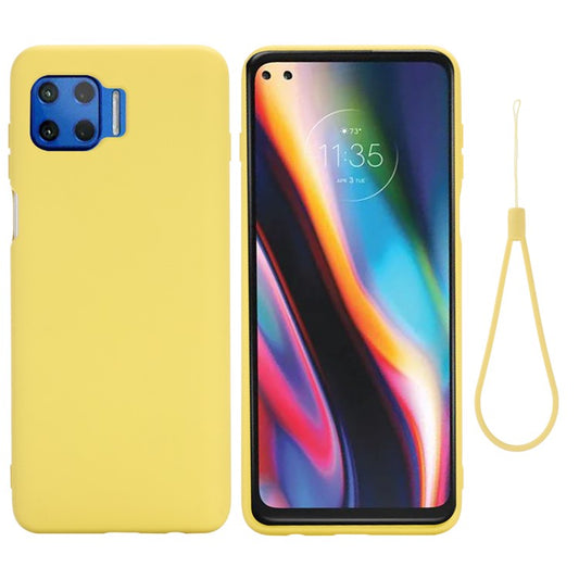 Solid Color Liquid Silicone Phone Protective Shell with Strap for Motorola Moto G 5G Plus - Yellow