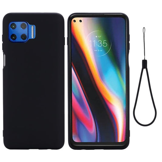 Solid Color Liquid Silicone Phone Protective Shell with Strap for Motorola Moto G 5G Plus - Black