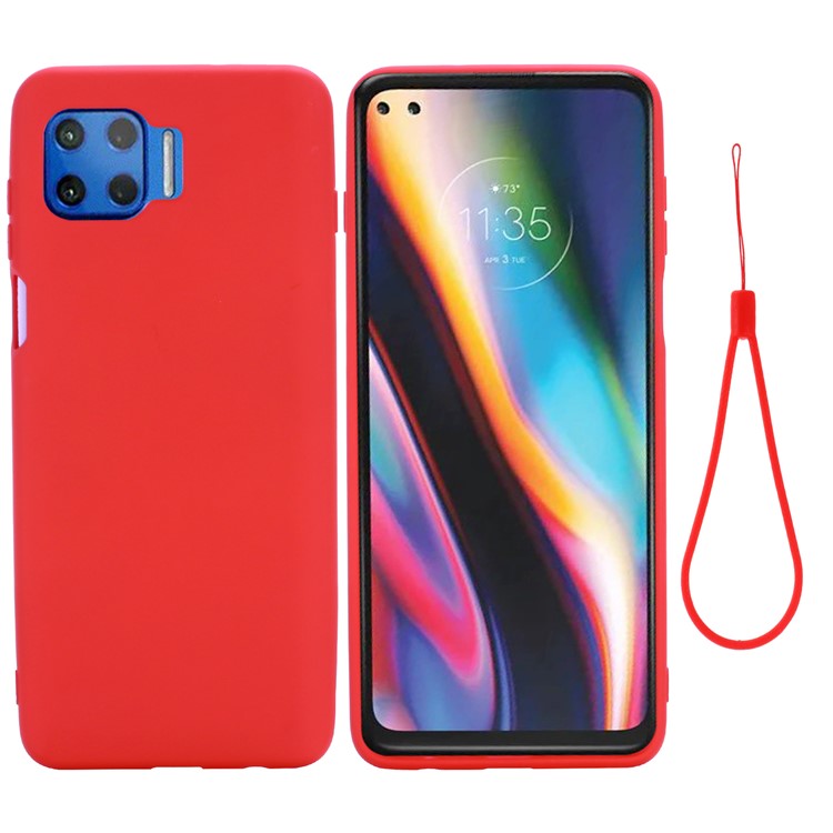 Solid Color Liquid Silicone Phone Protective Shell with Strap for Motorola Moto G 5G Plus - Red