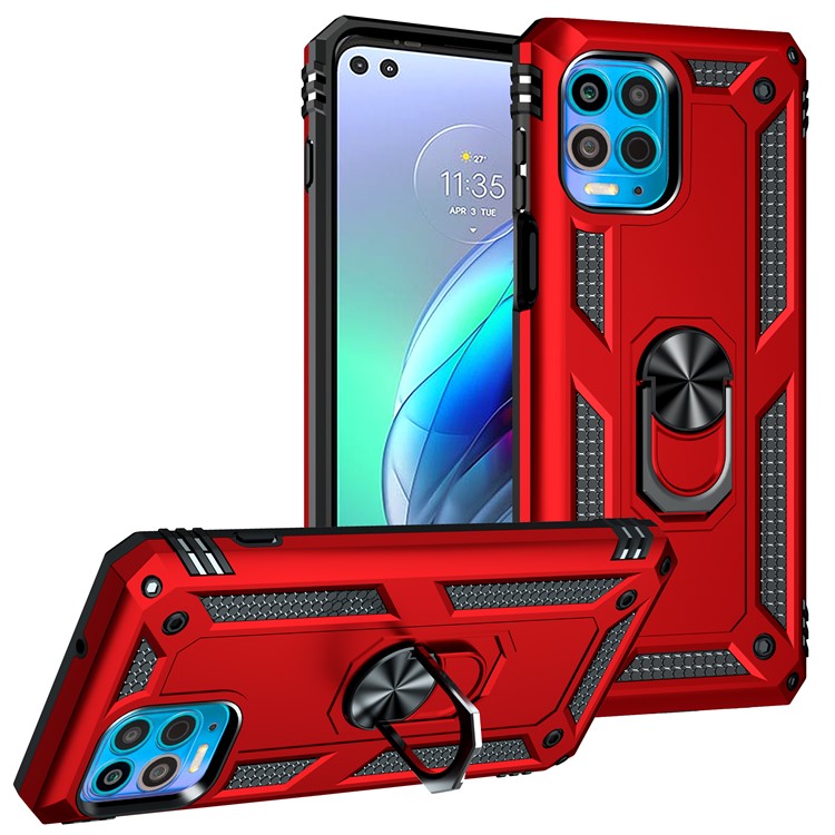 Anti-Fall Phone Hybrid Plastic + TPU + Metal Case Cover with Finger Ring Kickstand for Motorola Edge S / Moto G100 - Red