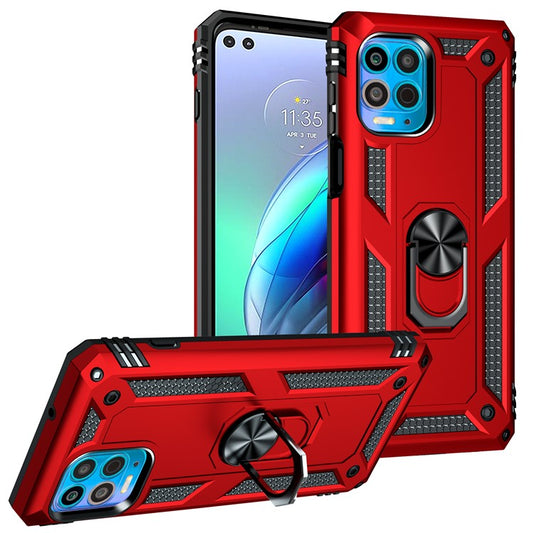 Anti-Fall Phone Hybrid Plastic + TPU + Metal Case Cover with Finger Ring Kickstand for Motorola Edge S / Moto G100 - Red