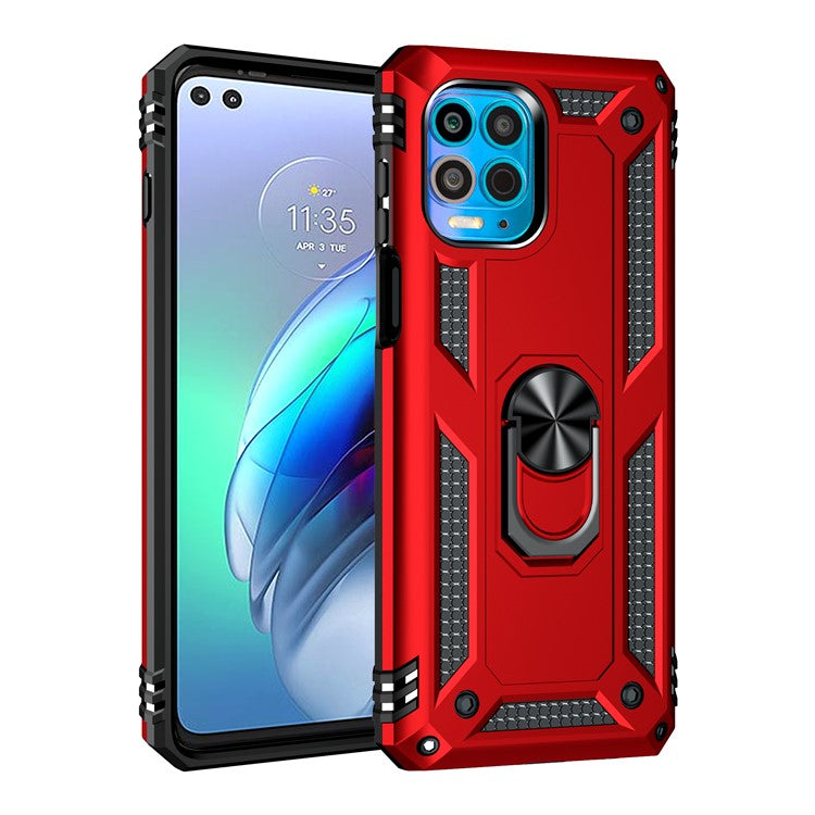 Anti-Fall Phone Hybrid Plastic + TPU + Metal Case Cover with Finger Ring Kickstand for Motorola Edge S / Moto G100 - Red
