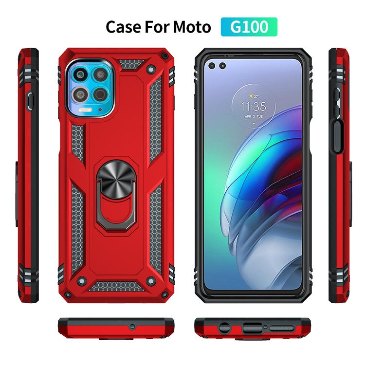 Anti-Fall Phone Hybrid Plastic + TPU + Metal Case Cover with Finger Ring Kickstand for Motorola Edge S / Moto G100 - Red