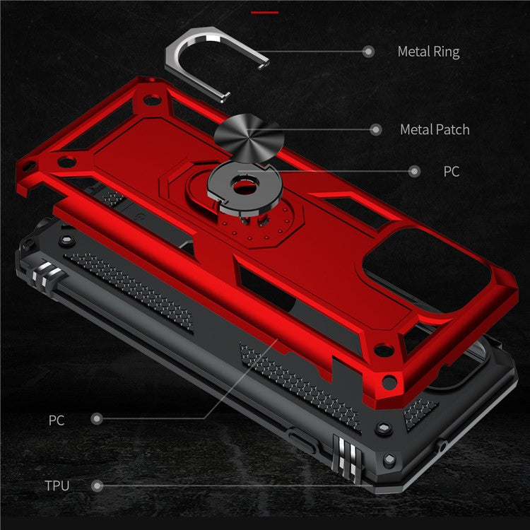 Anti-Fall Phone Hybrid Plastic + TPU + Metal Case Cover with Finger Ring Kickstand for Motorola Edge S / Moto G100 - Red