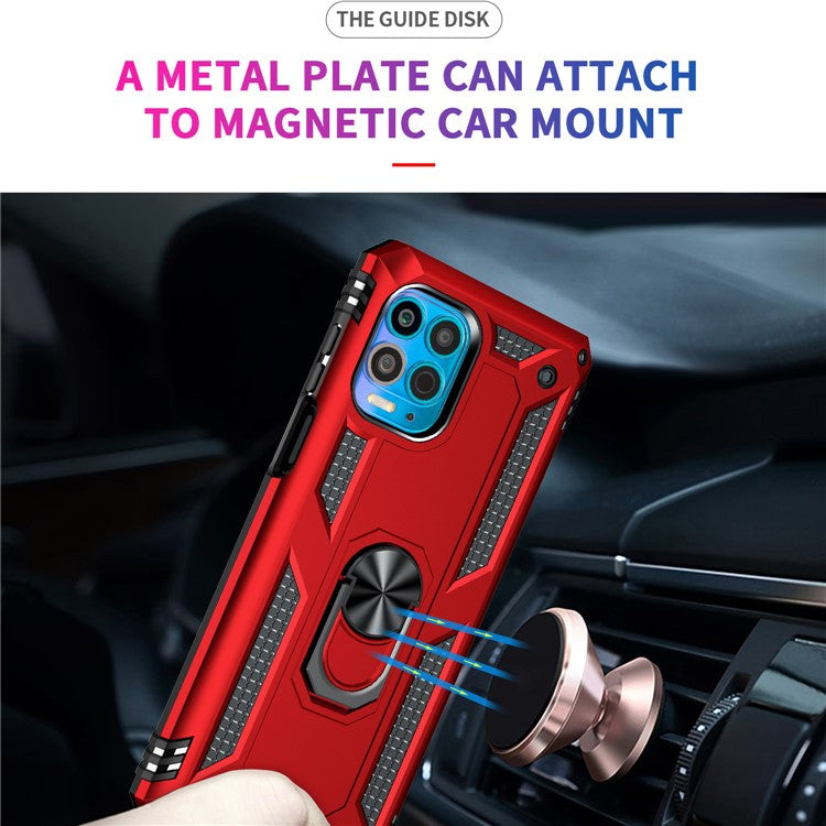 Anti-Fall Phone Hybrid Plastic + TPU + Metal Case Cover with Finger Ring Kickstand for Motorola Edge S / Moto G100 - Red