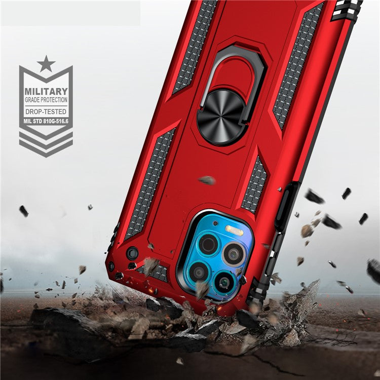 Anti-Fall Phone Hybrid Plastic + TPU + Metal Case Cover with Finger Ring Kickstand for Motorola Edge S / Moto G100 - Red