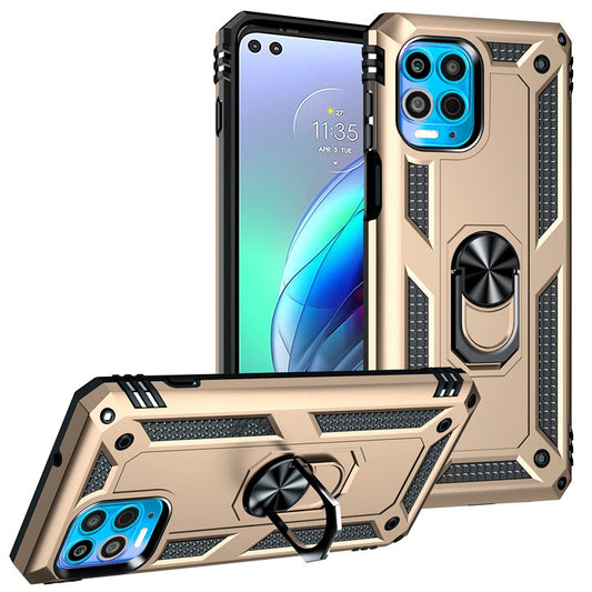 Anti-Fall Phone Hybrid Plastic + TPU + Metal Case Cover with Finger Ring Kickstand for Motorola Edge S / Moto G100 - Gold