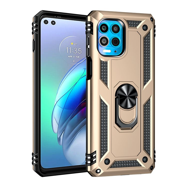Anti-Fall Phone Hybrid Plastic + TPU + Metal Case Cover with Finger Ring Kickstand for Motorola Edge S / Moto G100 - Gold