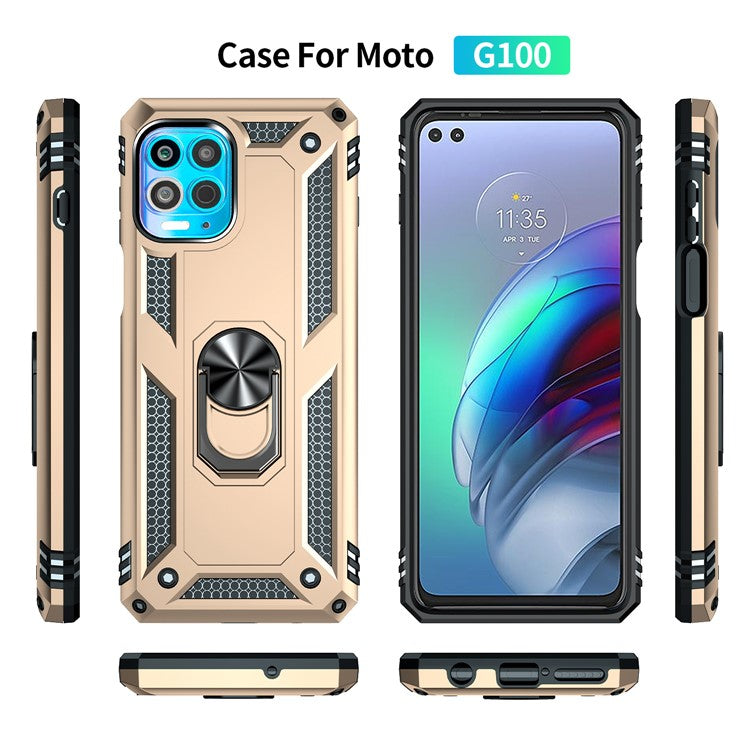 Anti-Fall Phone Hybrid Plastic + TPU + Metal Case Cover with Finger Ring Kickstand for Motorola Edge S / Moto G100 - Gold