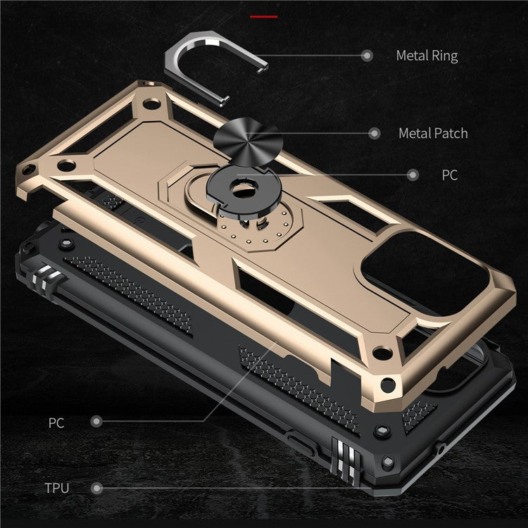 Anti-Fall Phone Hybrid Plastic + TPU + Metal Case Cover with Finger Ring Kickstand for Motorola Edge S / Moto G100 - Gold