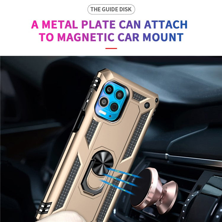 Anti-Fall Phone Hybrid Plastic + TPU + Metal Case Cover with Finger Ring Kickstand for Motorola Edge S / Moto G100 - Gold