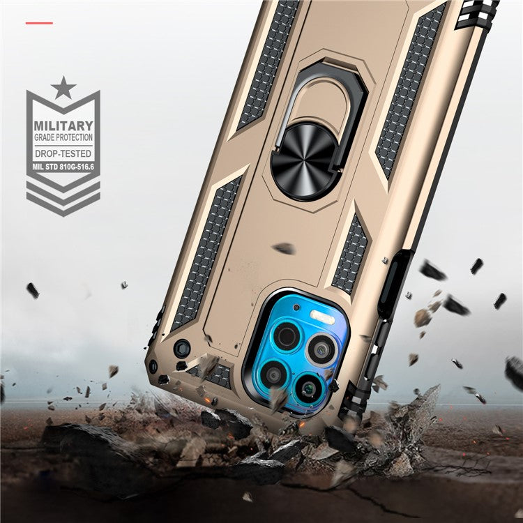 Anti-Fall Phone Hybrid Plastic + TPU + Metal Case Cover with Finger Ring Kickstand for Motorola Edge S / Moto G100 - Gold