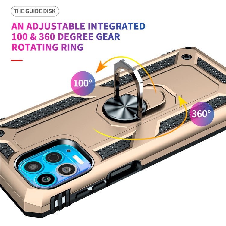 Anti-Fall Phone Hybrid Plastic + TPU + Metal Case Cover with Finger Ring Kickstand for Motorola Edge S / Moto G100 - Gold