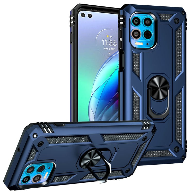 Anti-Fall Phone Hybrid Plastic + TPU + Metal Case Cover with Finger Ring Kickstand for Motorola Edge S / Moto G100 - Blue