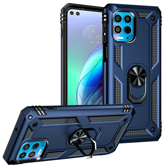 Anti-Fall Phone Hybrid Plastic + TPU + Metal Case Cover with Finger Ring Kickstand for Motorola Edge S / Moto G100 - Blue