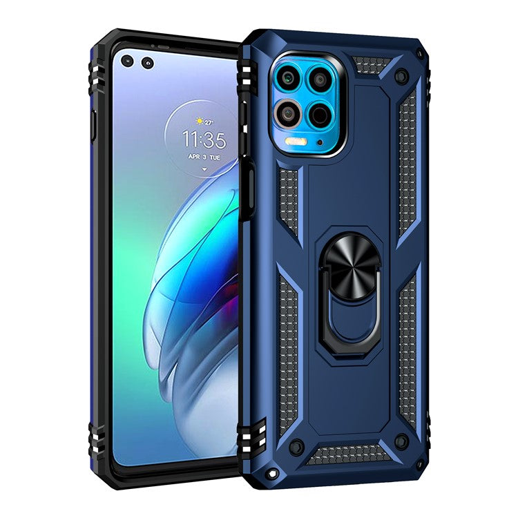 Anti-Fall Phone Hybrid Plastic + TPU + Metal Case Cover with Finger Ring Kickstand for Motorola Edge S / Moto G100 - Blue